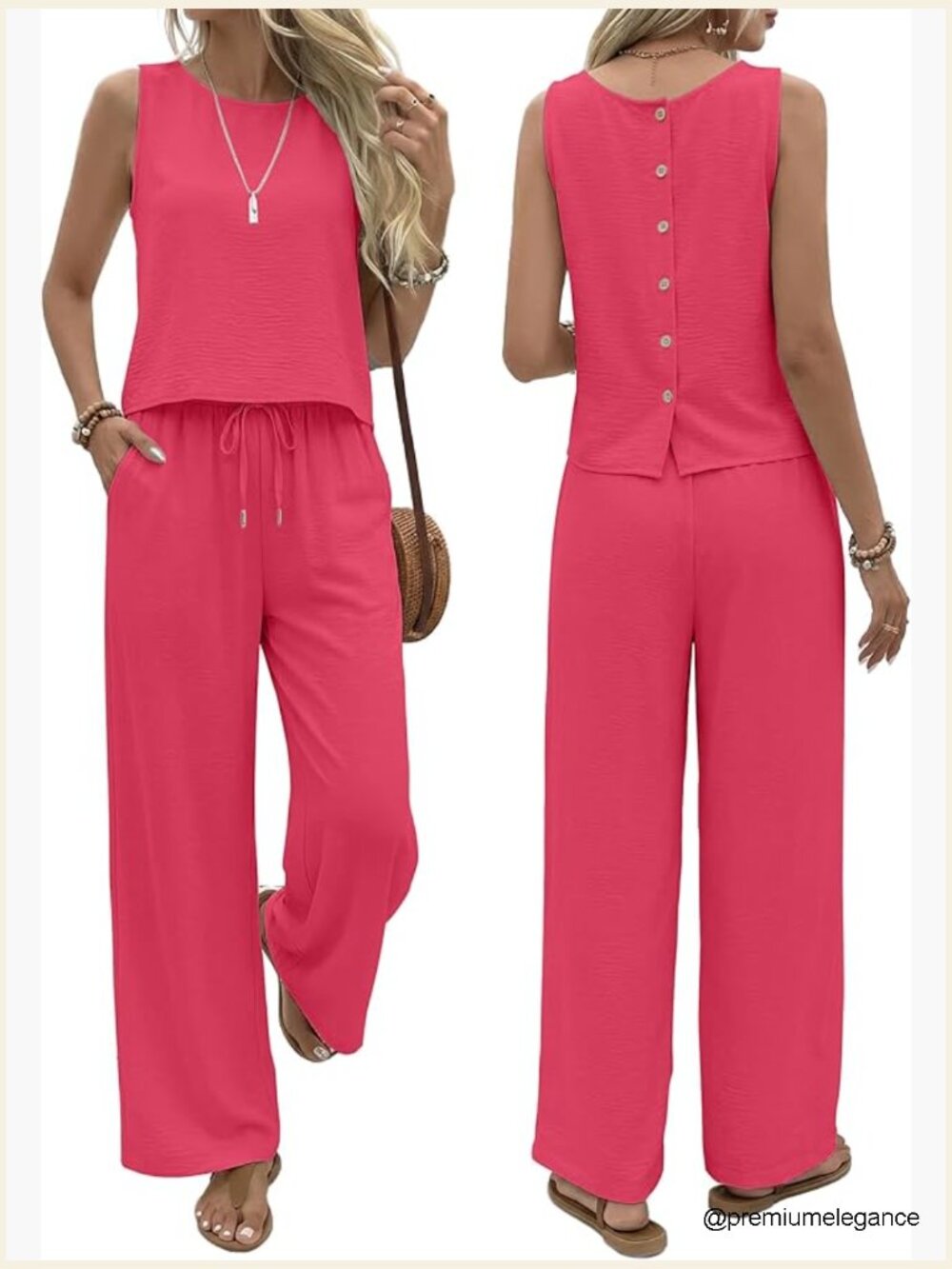 Summer Two Piece Set Button Back Tank Tops Flowy Beach Pants Lounge Vacation - Picture 1 of 6